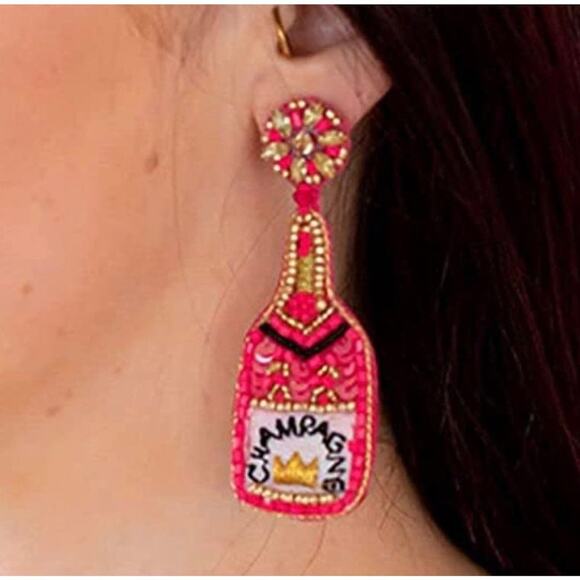 Pink Champagne Bottle Beaded Sequin Earrings - Picture 3 of 3